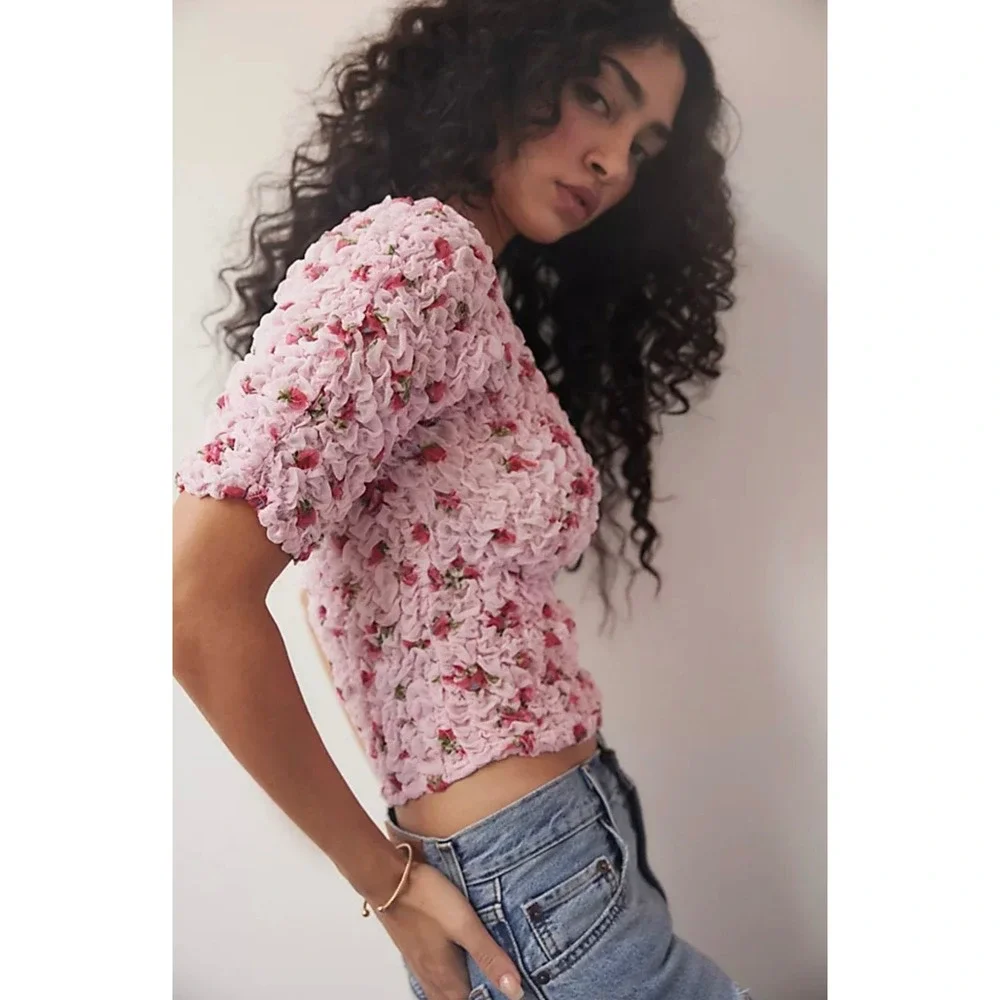 Free People Pink Floral Smocked Bubble Sleeve‎ Crop Top XS